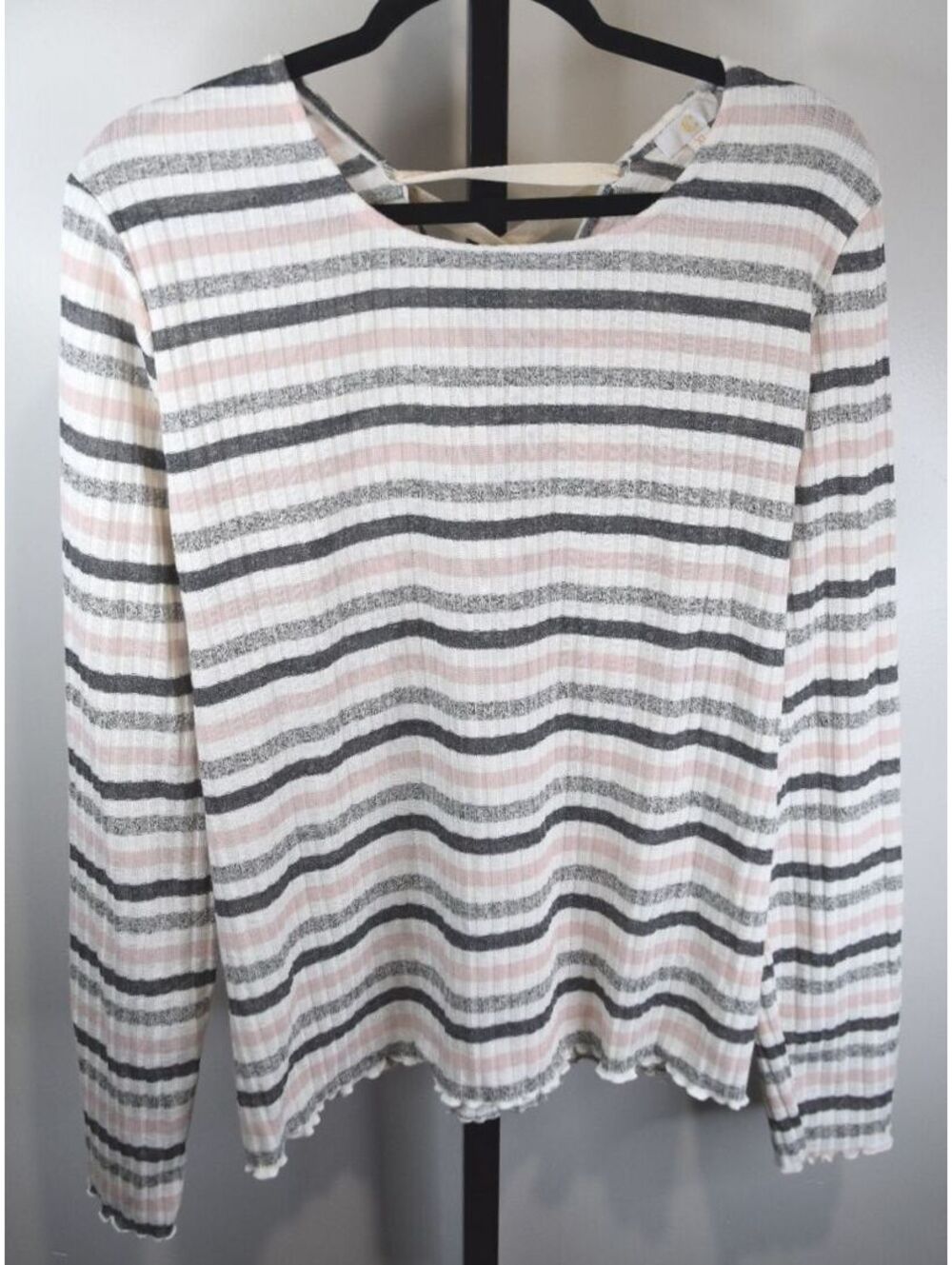 Charming Charlie Pink Grey Cream Striped Ribbed Lace-Up Back Top Long Sleeve XL